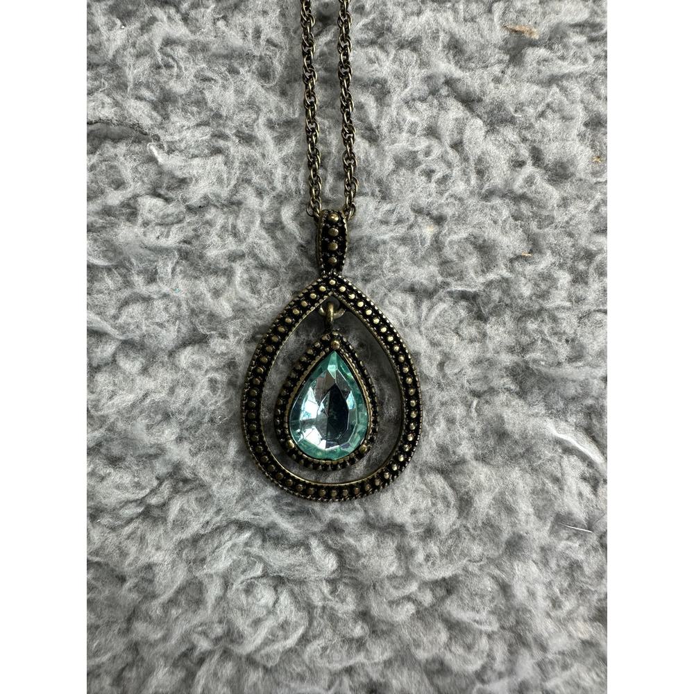 Avon Topaz Blue Glass & Gold Tone Teardrop Necklace